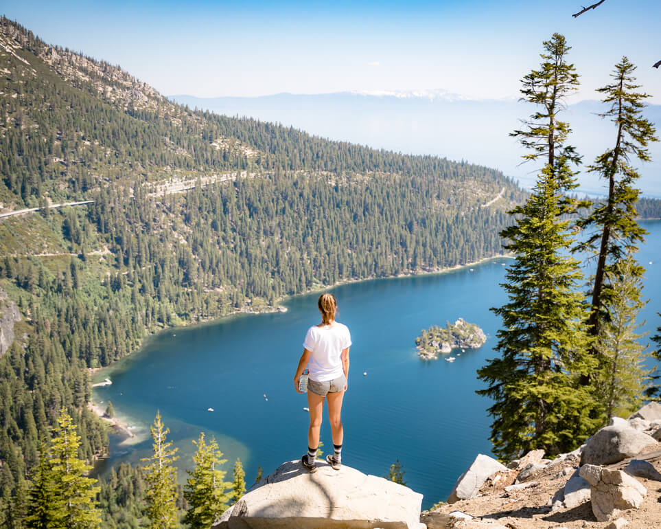Hiker at Emerald Bay panorama